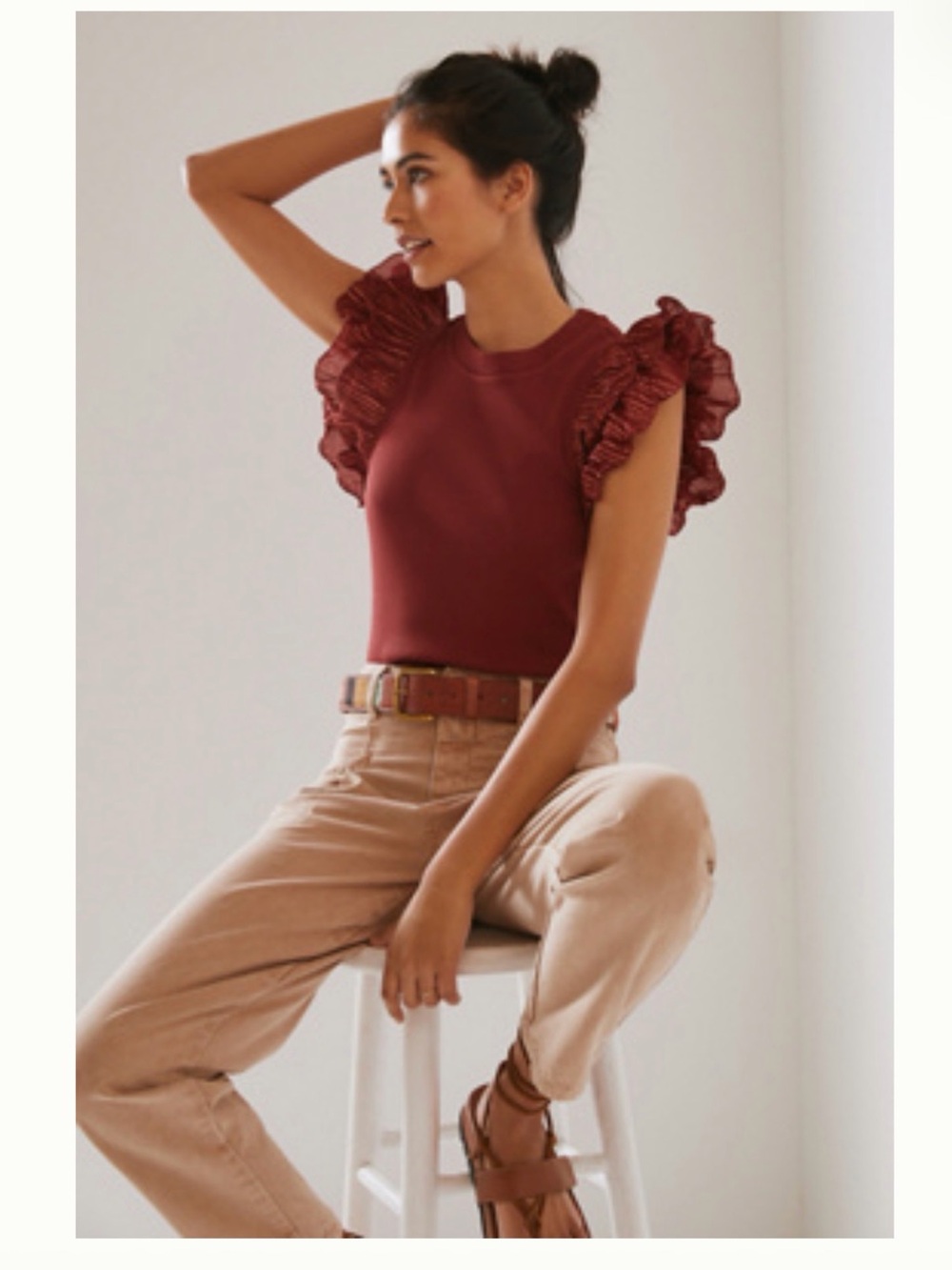 Lurex Ruffle Sleeve Knit Tank Top in Burgundy- Anthropologie- Women’s 3XL